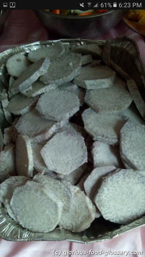 Boiled taro. Taro is called Gabi in the Philippines, a variety of root crop
